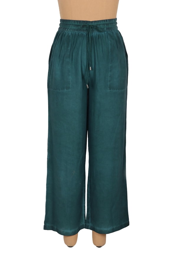 Artisan Handmade Stone Washed Palazzo Pants Green Viscose Twill from India Clothing 'Simple Style in Green'
