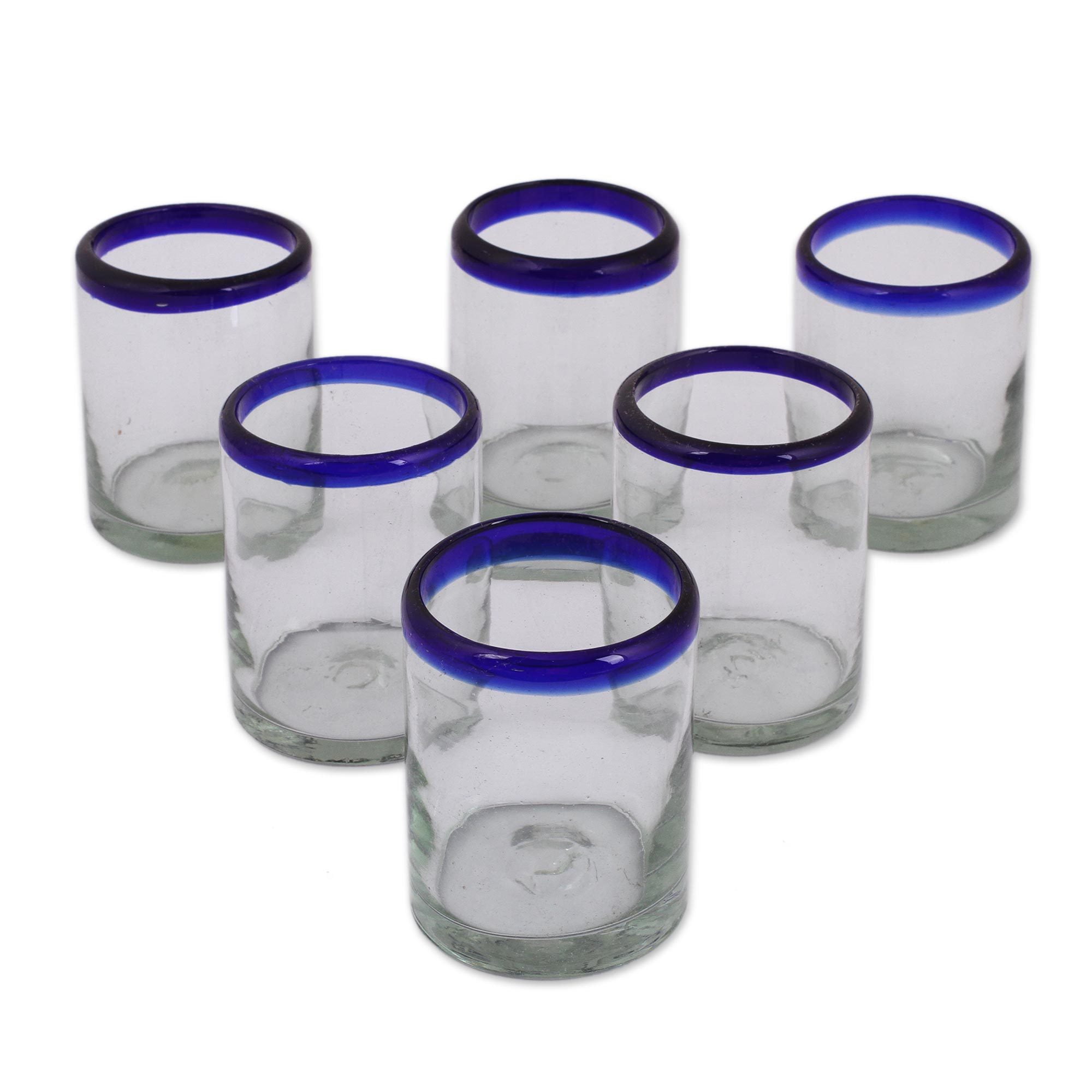 Handblown Recycled Glass Tumblers with Cobalt Blue Rim, Set of 6