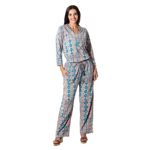 NOVICA Artisan Handmade Viscose Pants Teal Melon Print Blend Clothing Multicolor Printed India ' Meena Bazaar in Teal'
