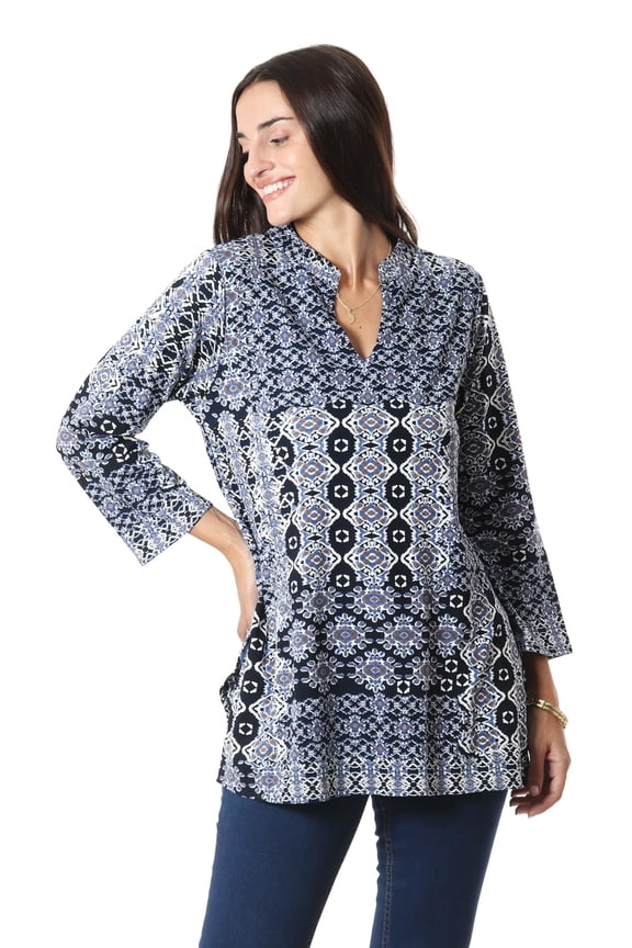 Artisan Handmade Viscose Tunic Printed from India Clothing Top Blue Tunics ' Mughal Blue'