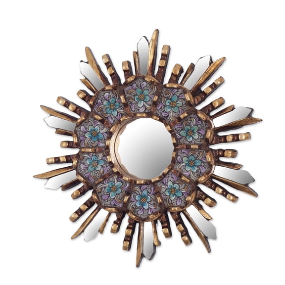 NOVICA Artisan Handmade Wood and Reverse Painted Glass Wall Mirror Round with Floral Metallic Multicolor Peru Decor 'Cuzco Meadow'