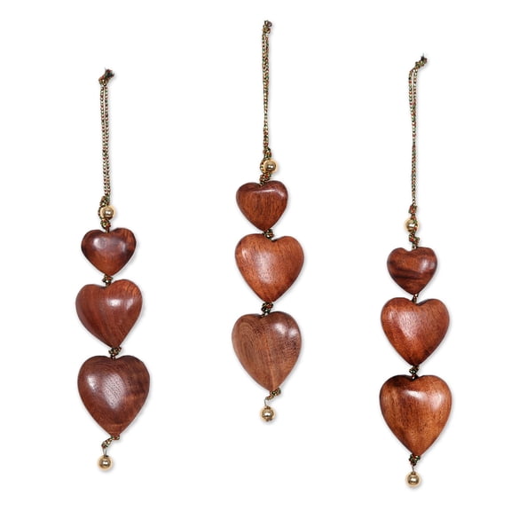 NOVICA Handmade Wood Ornaments Brown India Holiday Decor Christmas Heart 'Joyous Hearts'(Set of 3)