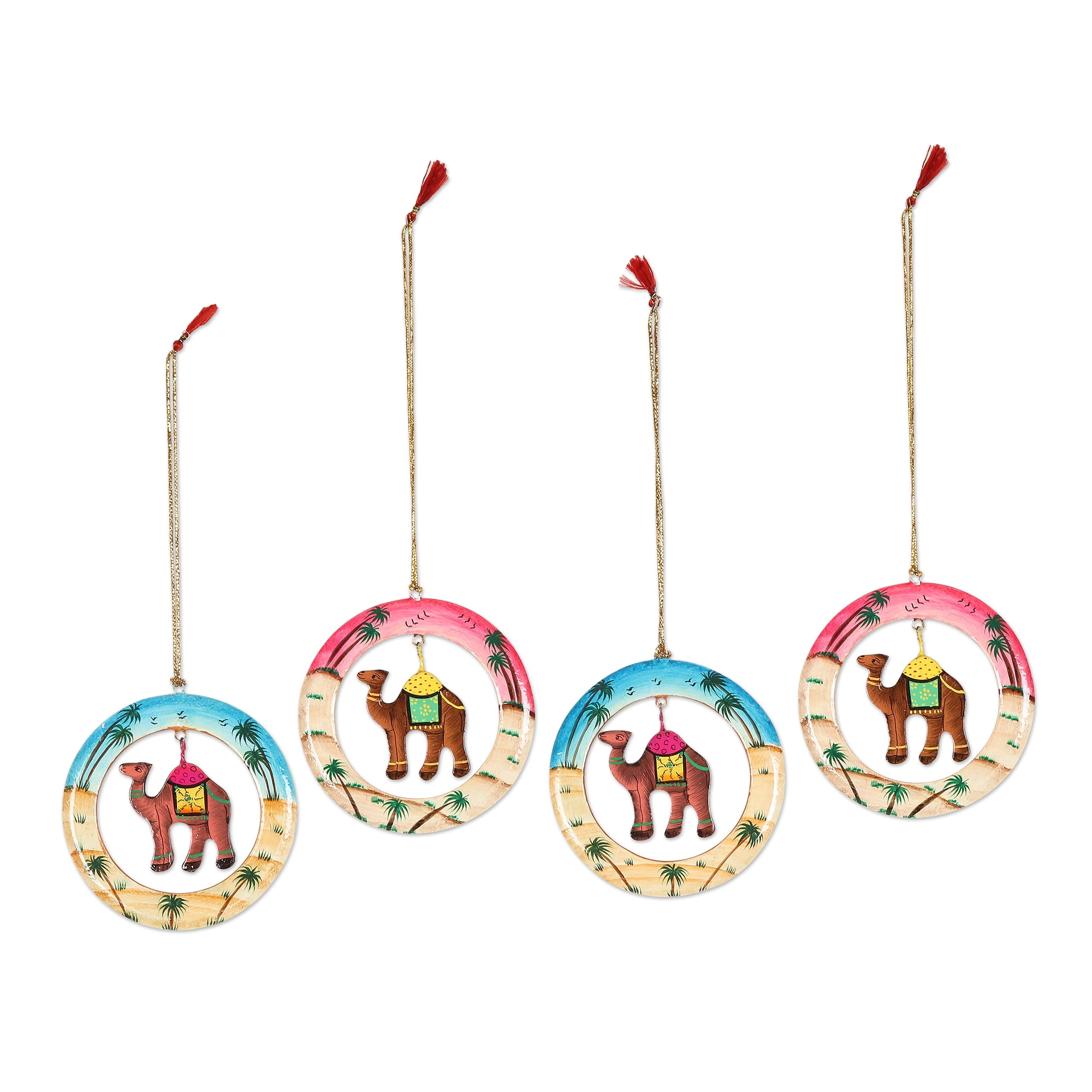 Hand-Painted Wooden Camel Ornaments Set with Desert Motif