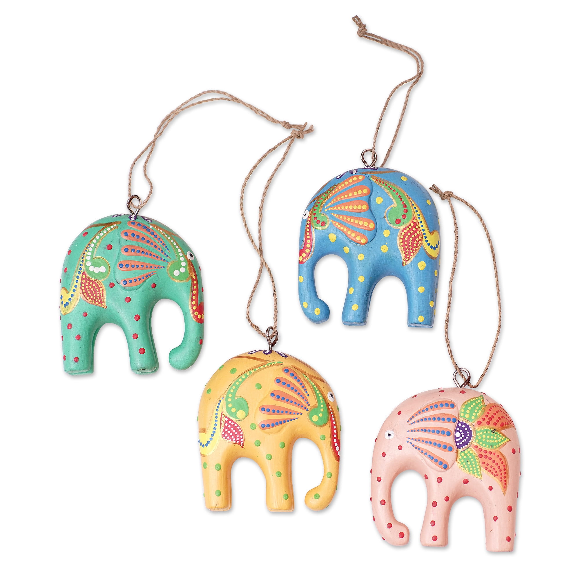 Hand-Painted Multicolor Floral Elephant Wood Ornaments Set