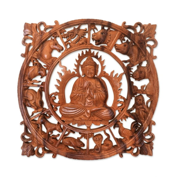 NOVICA Wood relief panel, 'Zodiac Buddha'