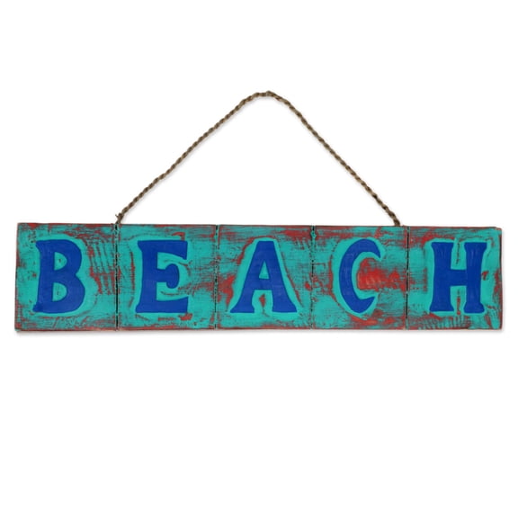 NOVICA Artisan Handmade Wood Sign Beach Agel Grass from Indonesia Blue Red Green Wall Decor Cottage Rustic 'Beach in Turquoise and Red'