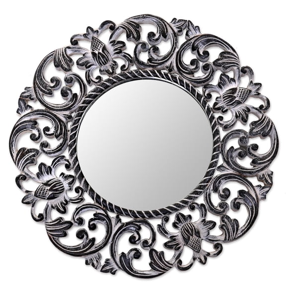 NOVICA Artisan Handmade Wood Wall Mirror Black Floral from Bali White Indonesia Decor 'Black Balsamina Buds'