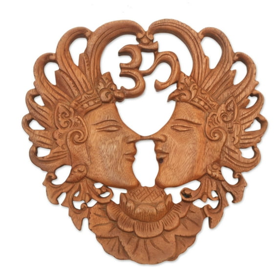 NOVICA Handmade Wood Wall Panel Lovers Decorative Indonesia Brown Relief Panels Floral Cultural 'Jayaprana and Layonsari'