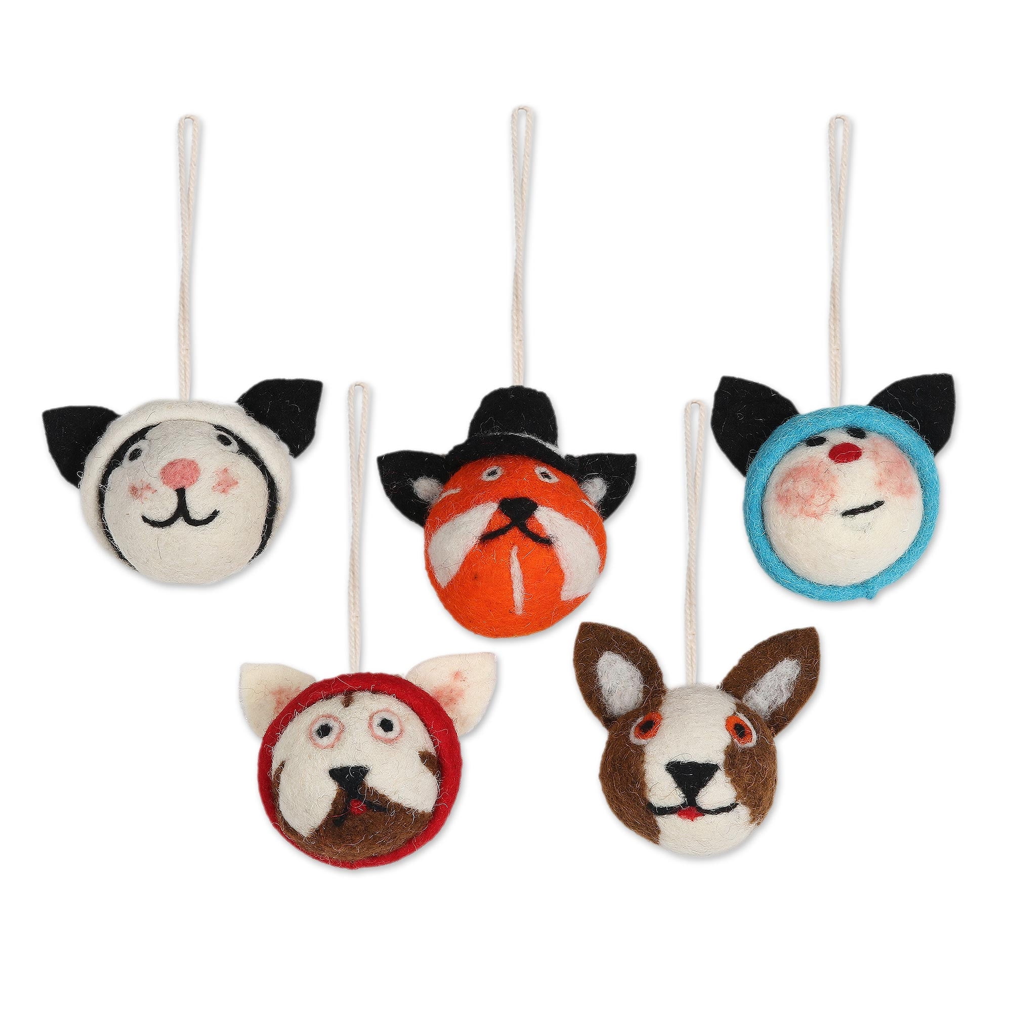 Set of 5 Festive Wool Felt Cat Ornaments