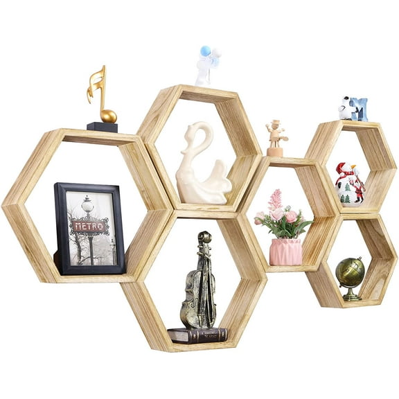 NOVIMANGO Hexagonal Floating Shelves Wall Mounted Set of 6 Wooden Hexagon Shelves Farmhouse Storage Honeycomb Shelves Hexagon Hanging Shelves Rustic Geometric Shelf for Nursery Bedroom Living Room