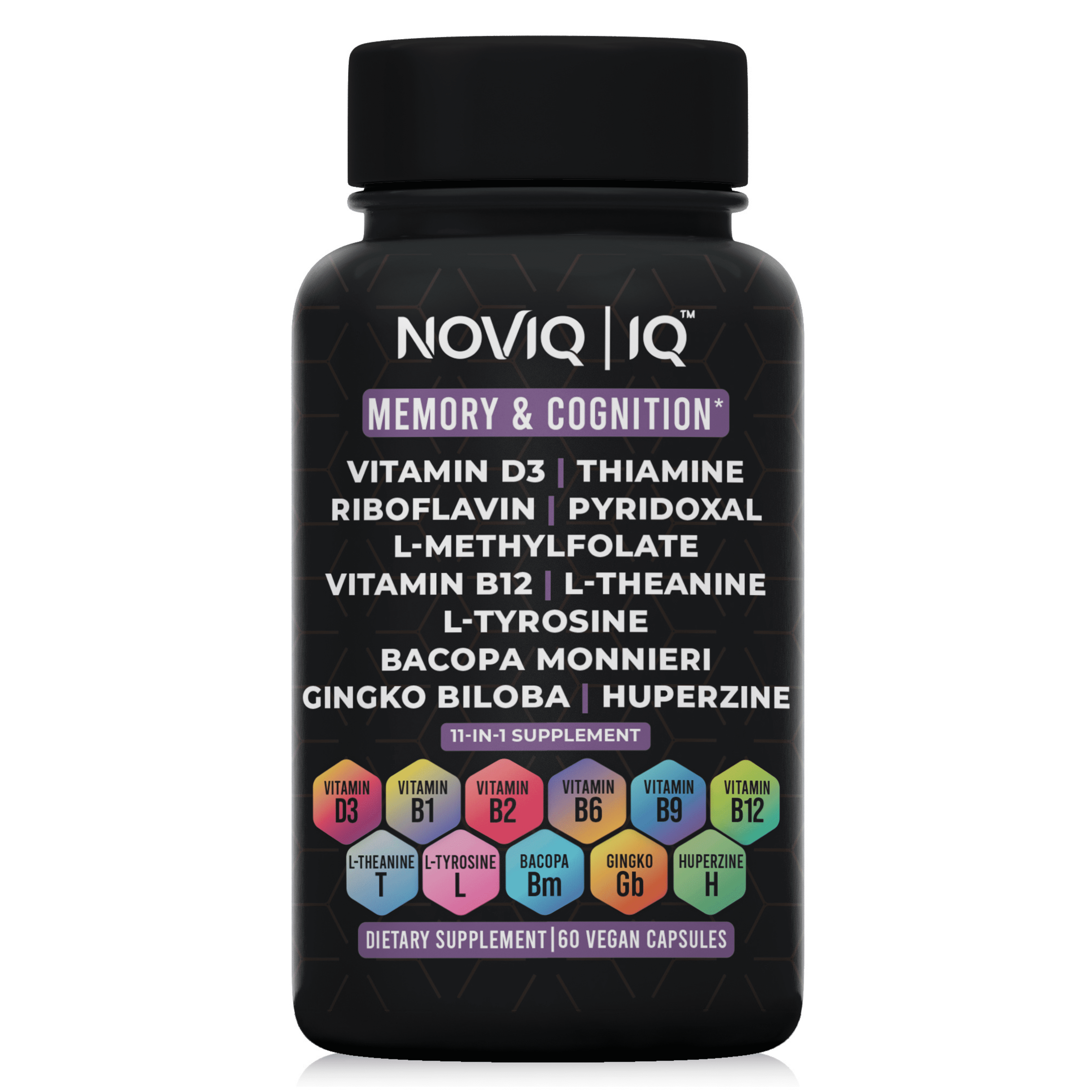 NOVIQ - 11-in-1 Nootropic Supplement: Supports Memory & Cognition - 100mg Ginkgo 150mg Bacopa 300mcg Huperzine 200mg L-Theanine 150mg L-Tyrosine & Bioactive B-Complex w/ 5-MTHF