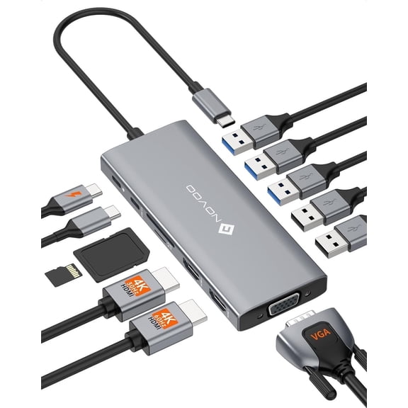 NOVOO USB C docking station, 12-in-1 docking station dual monitor, with 2 HDMI, VGA, 5 USB ports, 100W PD, USB-C data, SD/TF card reader, compatible with MacBook/Dell/HP/Surface