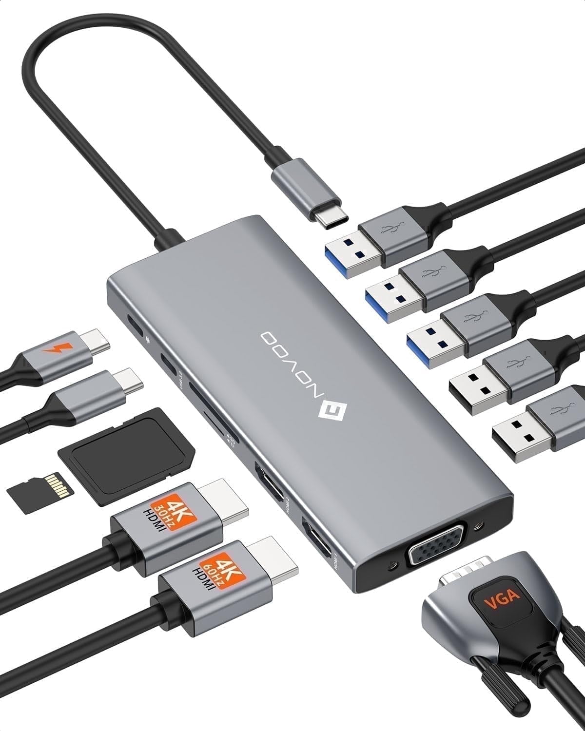 NOVOO 12-in-1 USB-C Hub Multiport Adapter, Triple Display with Dual HDMI, VGA, 100W PD Pass-Through, 5Gbps USB Data Transfer, SD/TF Card Reader, 30cm Cable for USB-C Laptops