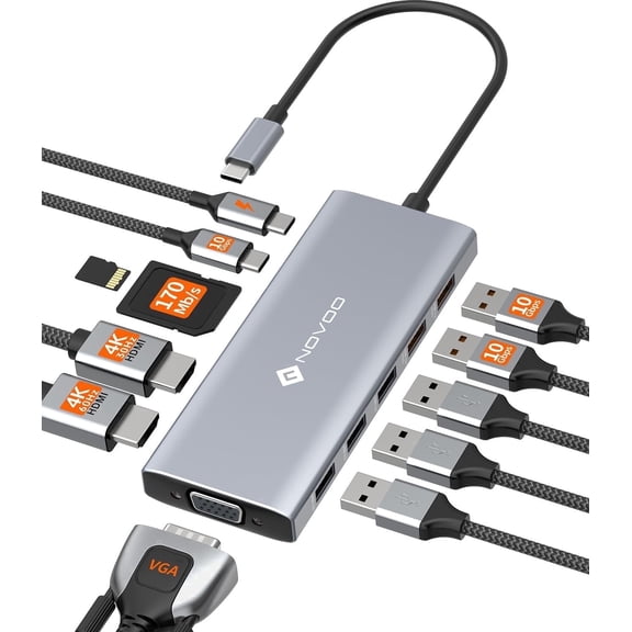 NOVOO 12-in-1 USB C Docking Station Dual Monitor Adapter with 2 HDMI, VGA, 100W PD, 10Gbps USB, SD/TF Card Reader for MacBook, Dell, HP and Surface