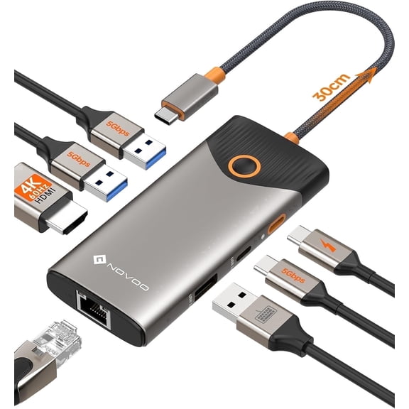 NOVOO USB C hub Ethernet 4K@60 USB C HDMI adapter multi-port type C adapter, 100W PD, 5Gbps USB-A/C data port docking station, compatible with MacBook/iPhone/Dell/HP/Surface