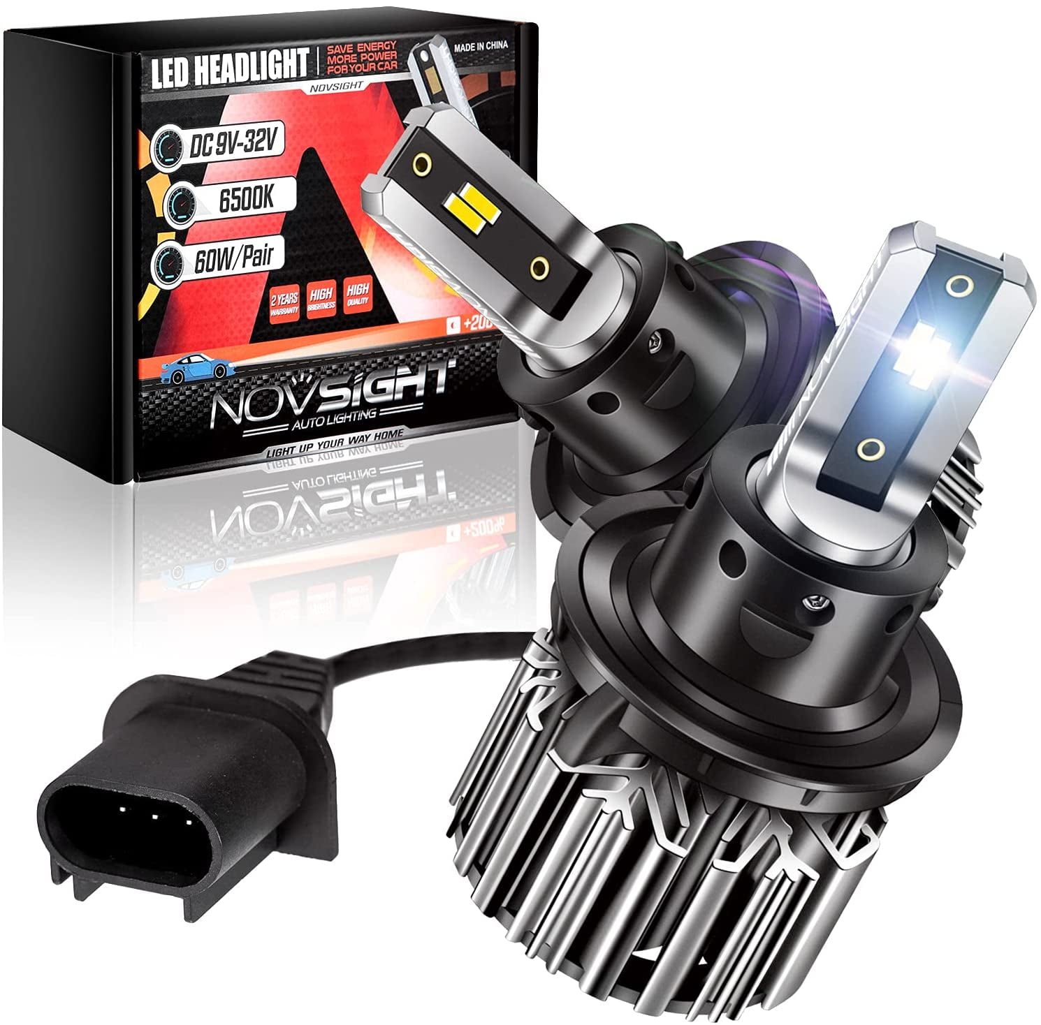NOVSIGHT H13/9008 LED Headlight Bulbs, 12000 Lumens 60W Super Bright Headlights Conversion Kits IP68 Waterproof, 6500K Cool White Pack of 2