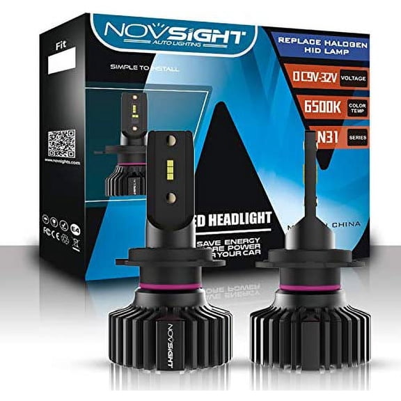 NOVSIGHT H7 LED Headlight Bulb White 6500K, 2Pcs 10000LM 50W Car Headlight Bulbs Conversion Kit, Super Bright Waterproof Replacement for Halogen Headlight