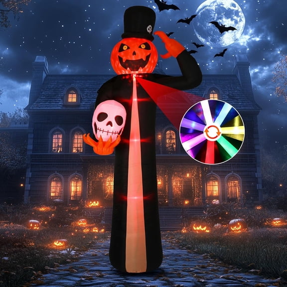 Novtech 12 FT Pumpkin Ghost Halloween Inflatables Outdoor, 8 Color Changing LED Light Modes, Red Blinking Eyes, Top Hat, Skull in Hand, Blow Up Yard Decorations for Trick or Treat, Lawn & Porch Decor