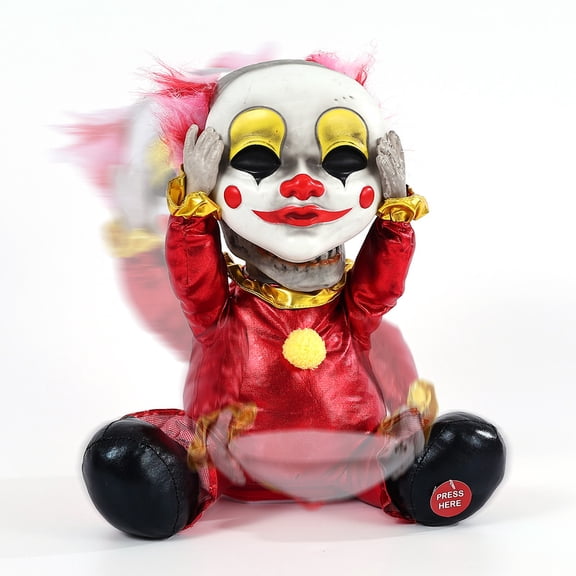 Novtech 13'' Halloween Animatronics Clown Decor, Dropping Mask Skull Reveal, Sound & Touch Activated, Sitting, Creepy Voice & Light-Up Eyes for Indoor Halloween Decorations Haunted House Table Decor