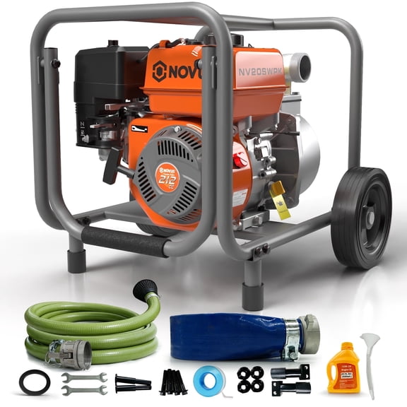 NOVUS 2-inch Semi Trash Pump with Foldable Handle and Wheels, 212cc 4 Cycle Engine, 50ft Discharge Hose, 12ft Suction Hose with Quick Cam Lock Coupler,Gas Powered Irrigation Water Pump, EPA Certified
