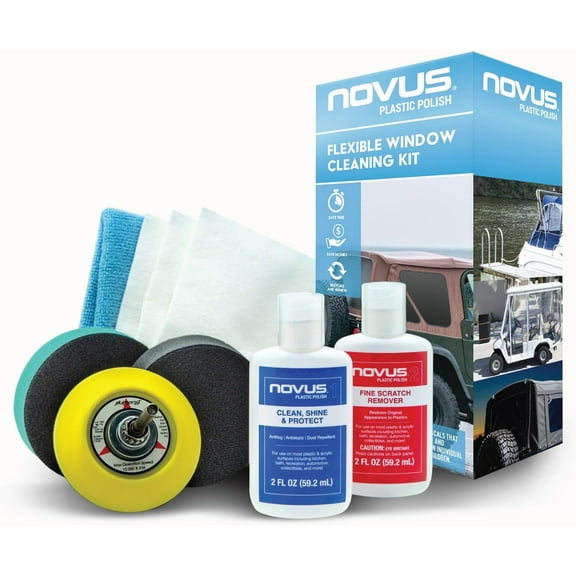 NOVUS Plastic Polish | Flexible Window Kit | One 3 Backing Pad for drill, One 3 Green Foam Pad, One 3 Black Foam Pad, 1, 2, Three Polish Mate Wipes, One Microfiber Towel