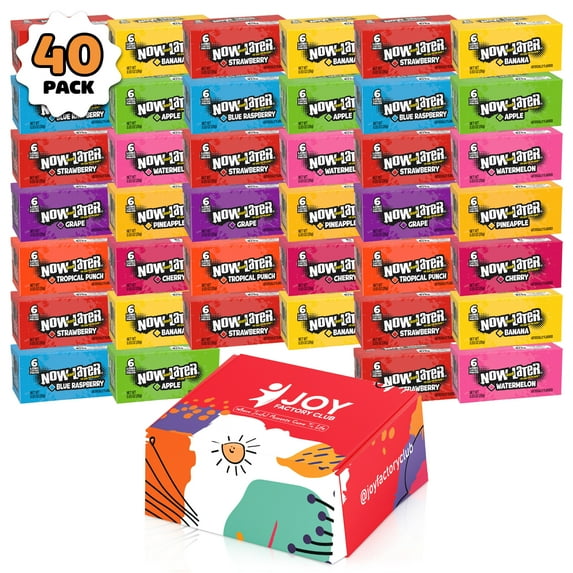 NOW AND LATER Variety Pack - 40 Count, 3 lbs Total - Assorted Fruit Flavors: Blue Raspberry, Strawberry, Watermelon, Grape, Cherry, Pineapple, Tropical Punch, Apple - Includes 1 Mystery Candy