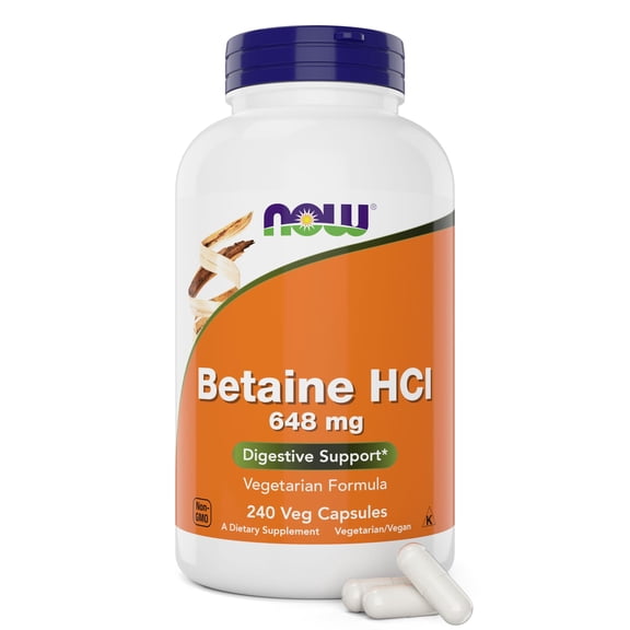 NOW Betaine HCl 648mg 240 Veg Capsules - Digestive Enzymes Supplement - Enhanced with Pepsin Protease for Protein Digestion Support