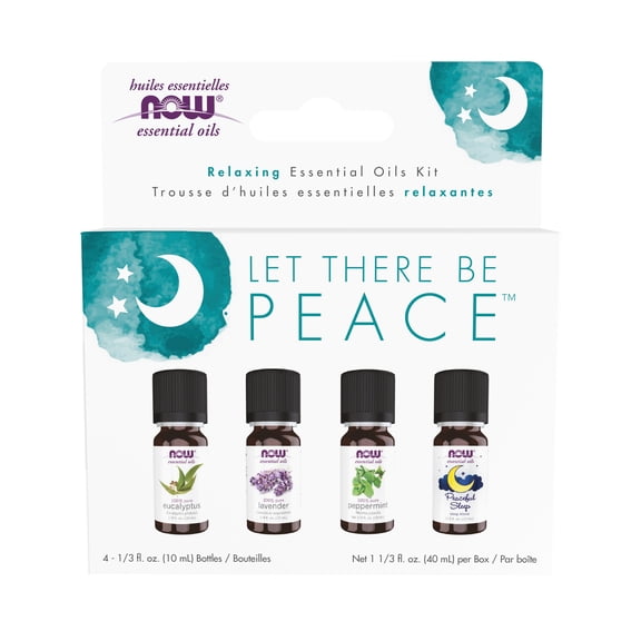 NOW Essential Oils, Let There Be Peace & Quiet Aromatherapy Kit, 4x 10ml Including Lavender Oil, Peppermint Oil, Eucalyptus Oil and Peaceful Sleep Oil Blend With Child Resistant Caps