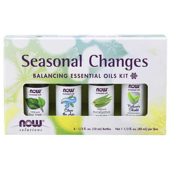 NOW Essential Oils, Seasonal Changes Balancing Aromatherapy Kit, 4x10ml Including Tea Tree, Eucalyptus Radiata, Clear the Air and Nature’s Shield Oil Blend With Child Resistant Caps