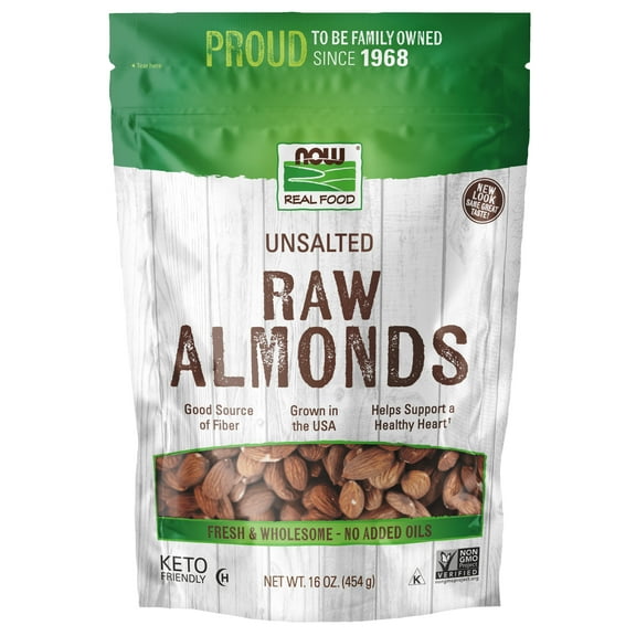 NOW Foods, Almonds, Raw and Unsalted, Grown in the USA, 16-Ounce (Packaging May Vary)