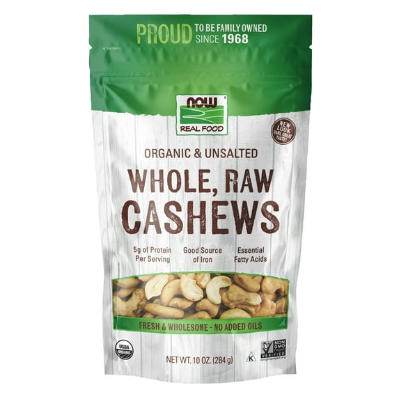 NOW Real Food, Certified Organic Cashews, Whole, Raw, Unsalted, 10 oz.