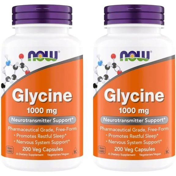 NOW Foods Glycine 1000mg, Free-Form Pharmaceutical Grade, Neurotransmitter Support*, Promotes restful Sleep*, Gluten Free, Vegan, Kosher 200 Vegetarian Capsules (Pack of 2)