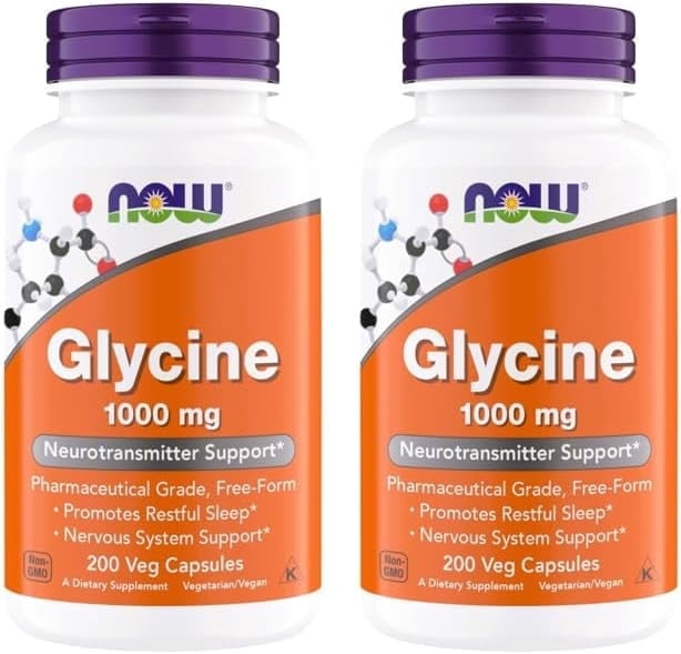 NOW Foods Glycine 1000mg, Free-Form Pharmaceutical Grade, Neurotransmitter Support*, Promotes restful Sleep*, Gluten Free, Vegan, Kosher 200 Vegetarian Capsules (Pack of 2)