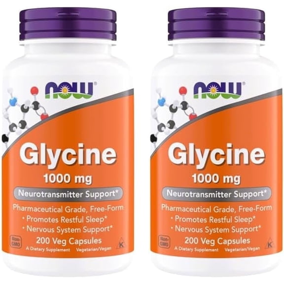 NOW Foods Glycine 1000mg, Free-Form Pharmaceutical Grade, Neurotransmitter Support*, Promotes restful Sleep*, Gluten Free, Vegan, Kosher 200 Vegetarian Capsules (Pack of 2)