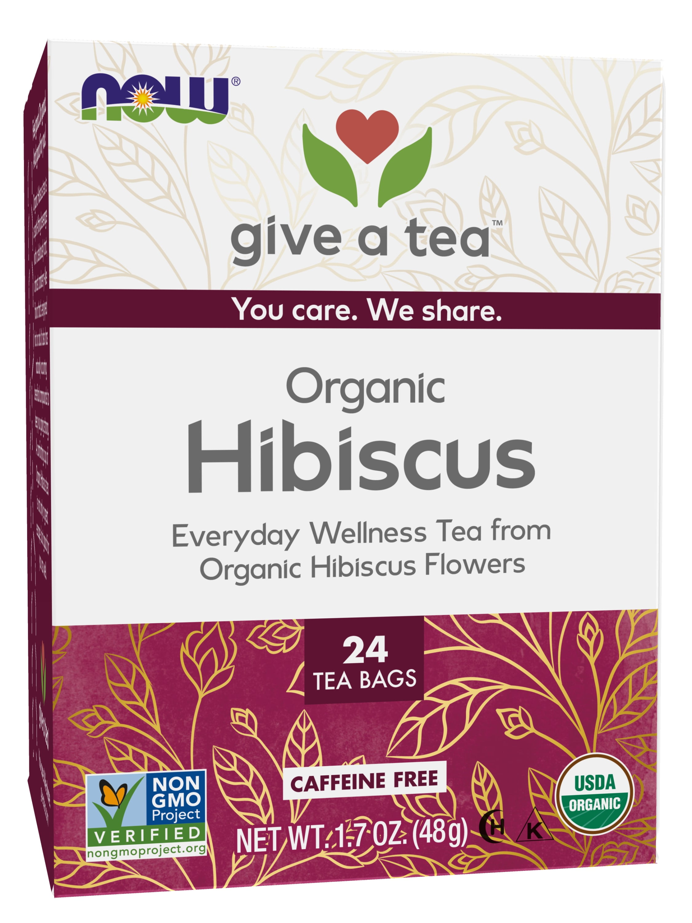NOW Foods, Organically Hip Hibiscus Tea, Caffeine-Free, Non-GMO, No Added Colors, 24-Count