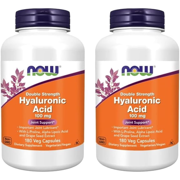 NOW Foods Supplements, Hyaluronic Acid 100 mg, Double Strength with L-Proline, Alpha Lipoic Acid and Grape Seed Extract, 180 Veg Capsules (Pack of 2)