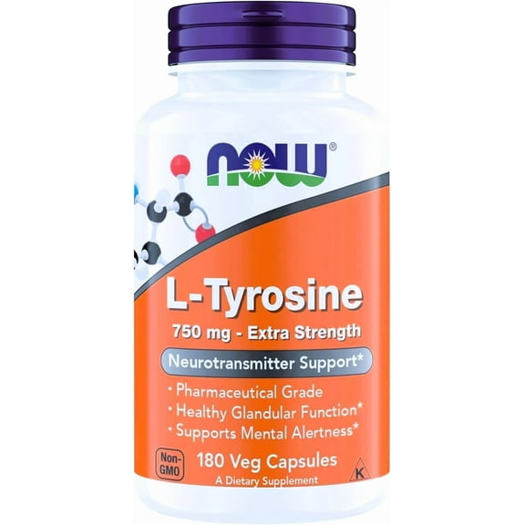 NOW Foods Supplements, L-Tyrosine 750 mg, Supports Mental Alertness*, Neurotransmitter Support*, 180 Veg Capsules (Pack of 2)