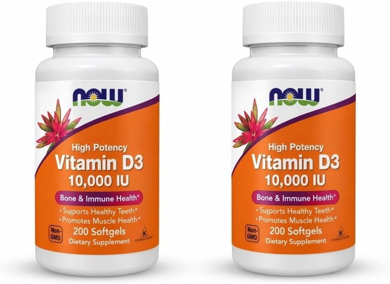 NOW Foods Supplements, Vitamin D-3 10,000 IU, Highest Potency, Structural Support*, 200 Softgels (Pack of 2)