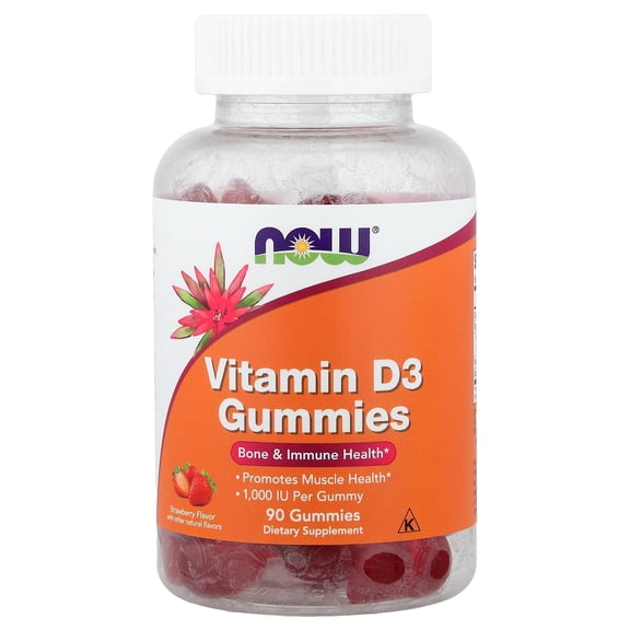 NOW Foods Vitamin D3 Gummies, Strawberry, 25 mcg (1,000 IU), 90 Gummies