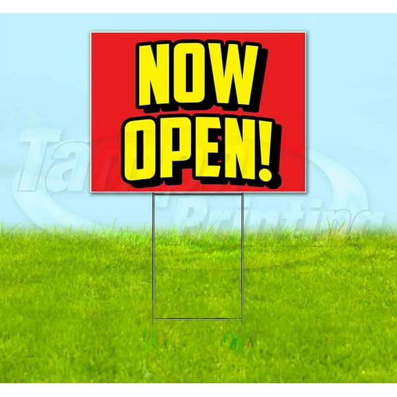 NOW OPEN YELLOW RED (18" X 24") CORRUGATED PLASTIC YARD SIGN, INCLUDES METAL STEP STAKE, BANDIT, NEW, ADVERTISING, USA