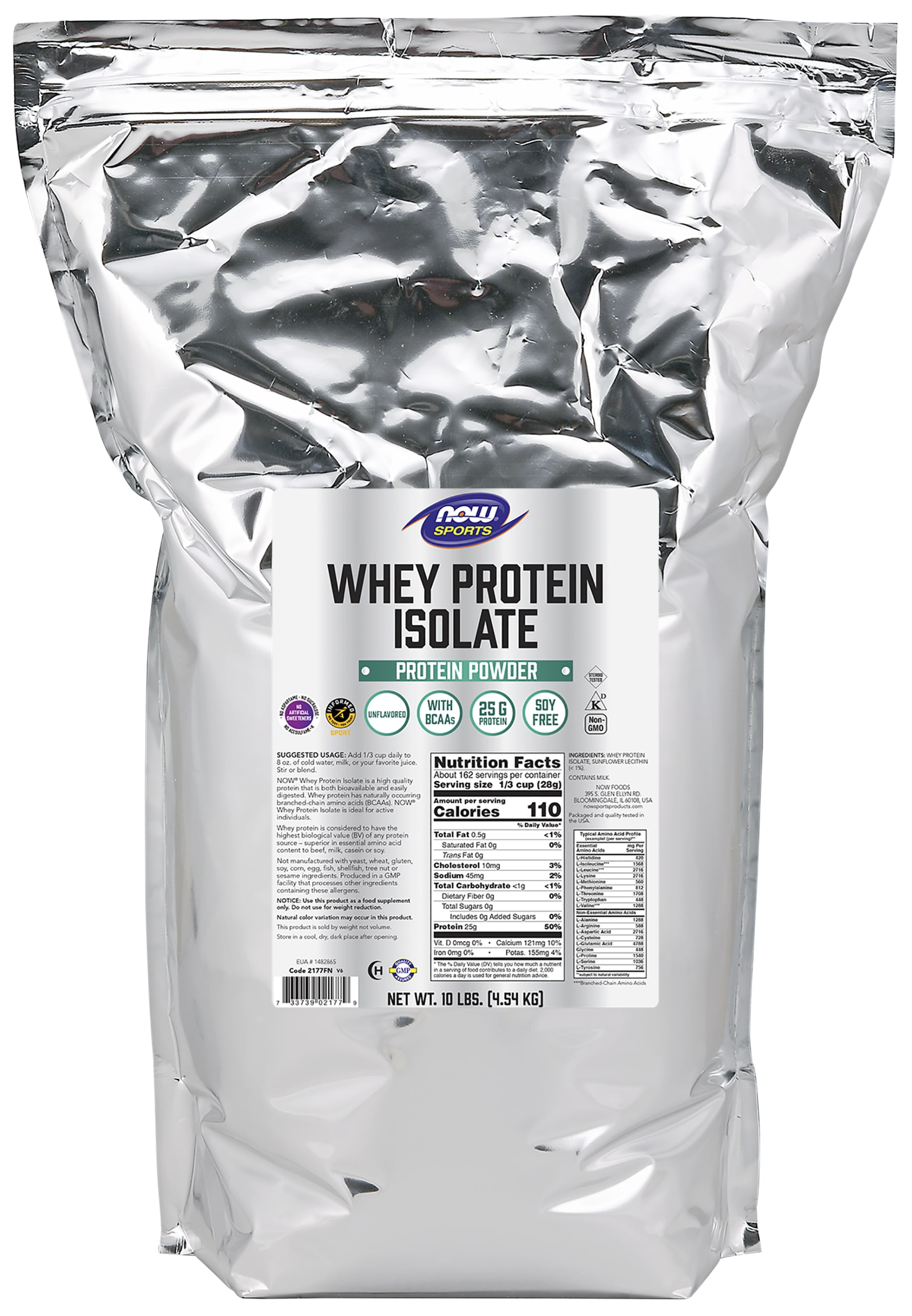 NOW Sports Active Natural Whey Protein Isolate, 25g BCAAs, Unflavored Powder, 10lb