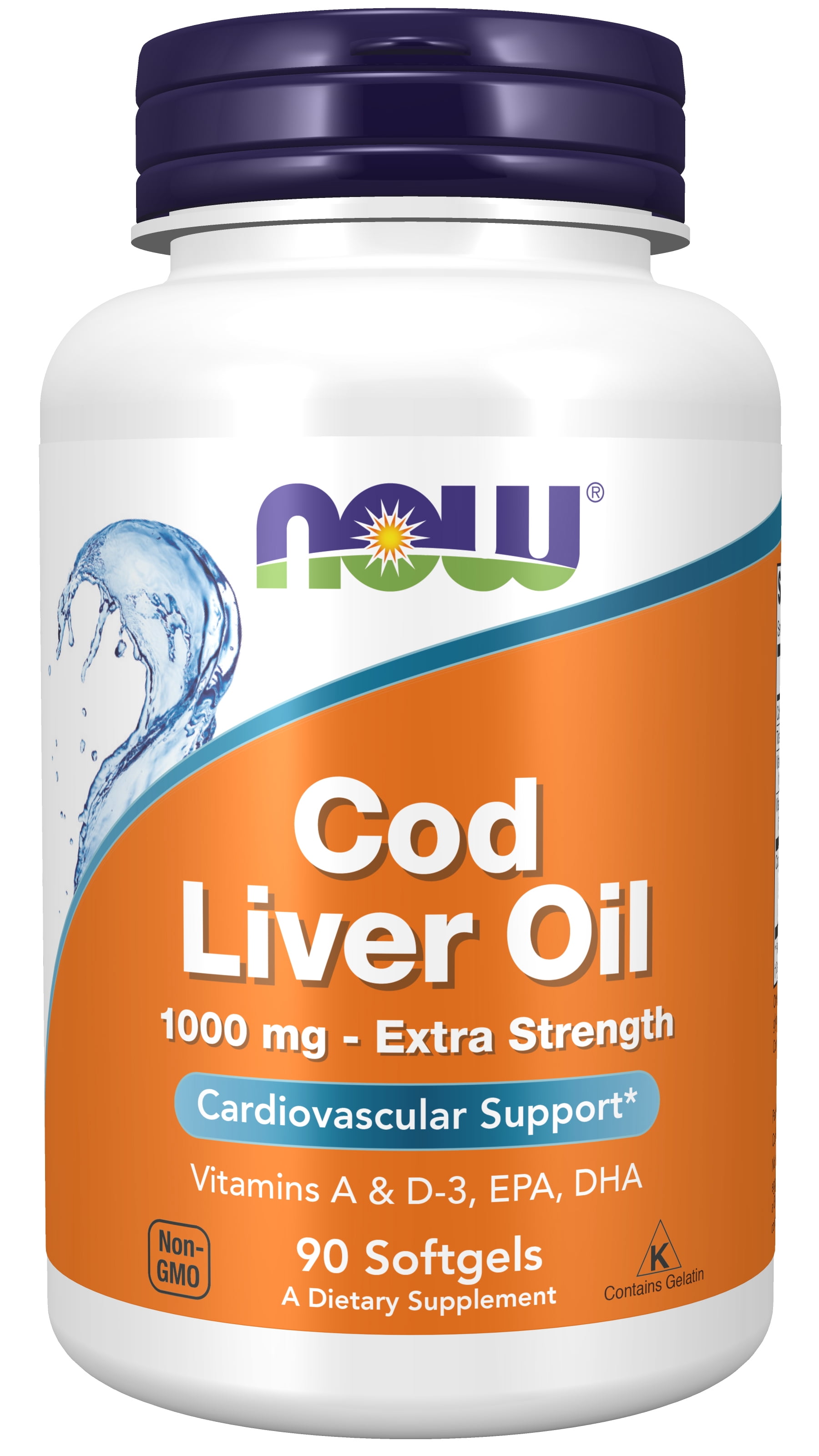 NOW Supplements, Cod Liver Oil, Extra Strength 1,000 mg with Vitamins A & D-3, EPA, DHA, 90 Softgels