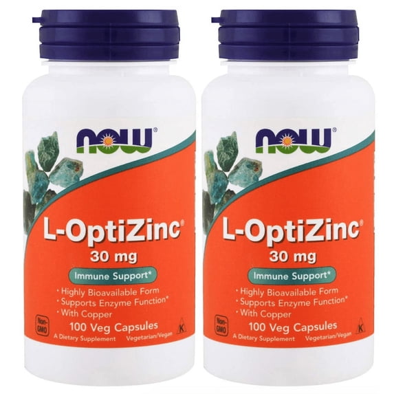 NOW Supplements, L-OptiZinc® 30 mg with Copper, Highly Bioavailable Form, Immune Support*, 100 Veg Capsules - 2 Packs