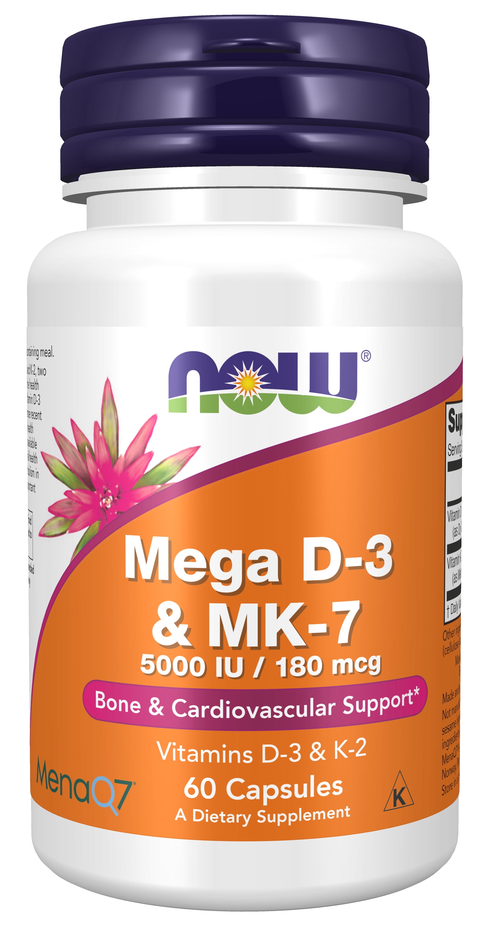 NOW Supplements, Mega D-3 & MK-7 with Vitamins D-3 & K-2, 5,000 IU/180 mcg, Bone & Cardiovascular Support, 60 Veg Capsules