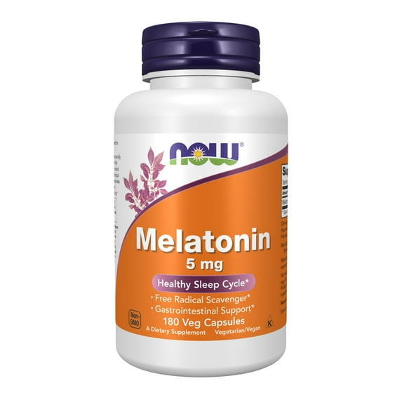 NOW Supplements, Melatonin 5 mg, Free Radical Scavenger*, Healthy Sleep Cycle*, 180 Veg Capsules