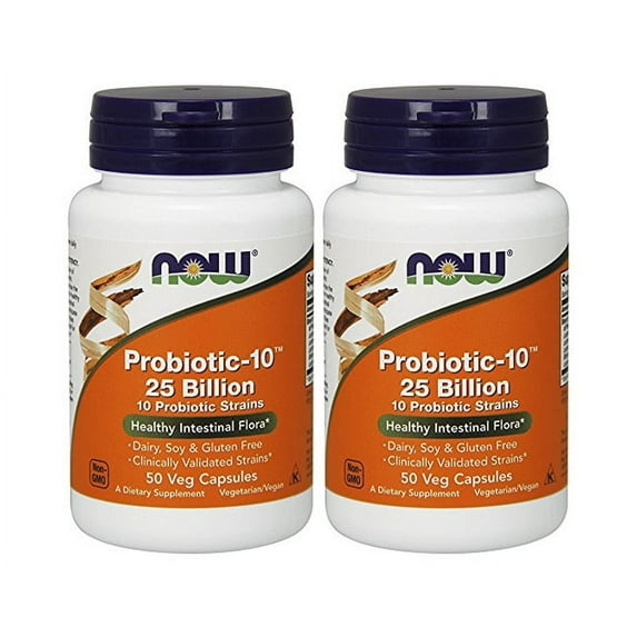 NOW Supplements, Probiotic-10â„¢, 25 Billion, with 10 Probiotic Strains, Dairy, Soy and Gluten Free, Strain Verified, 50 Veg Capsules (2 Bottles)
