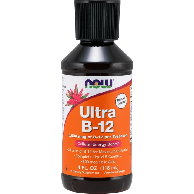 NOW Supplements, Ultra B-12, Liquid, 800 mcg Folic Acid, Cellular Energy Production*, 4-Ounce - image 1 of 2