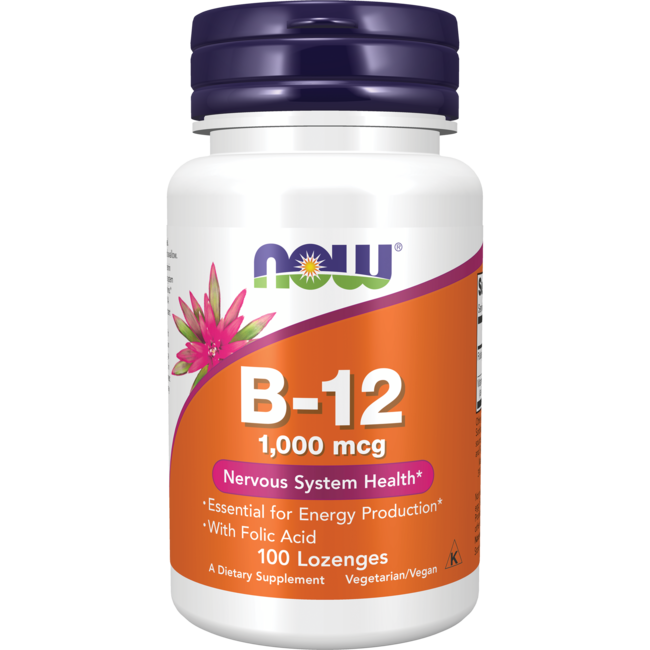 NOW Supplements, Vitamin B-12 1,000 mcg with Folic Acid, Nervous System Health*, 100 Chewable Lozenges - image 1 of 2