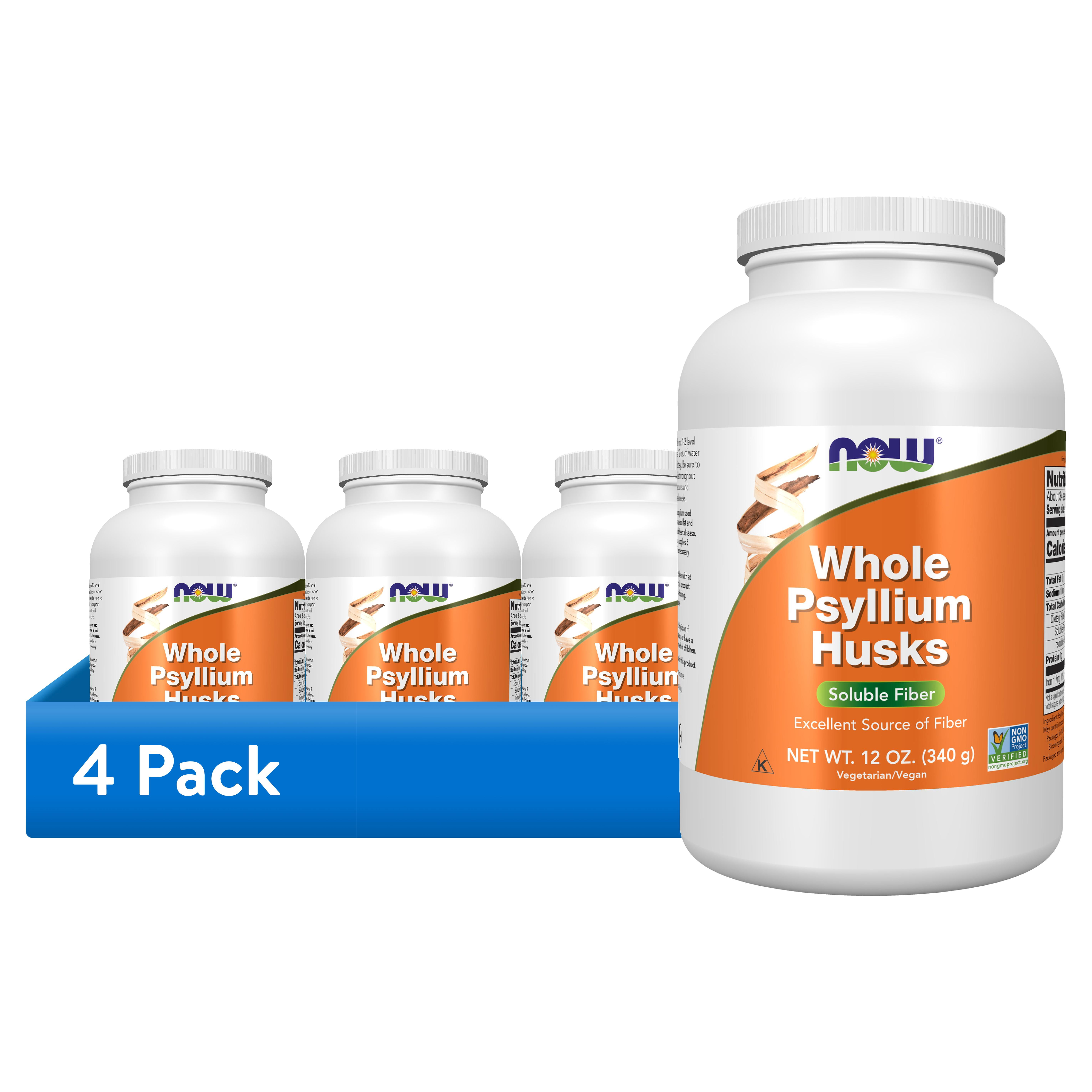 (4 pack) NOW Supplements, Whole Psyllium Husks, Non-GMO Project Verified, Soluble Fiber, 12-Ounce