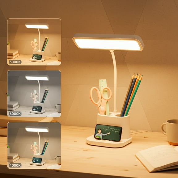 NOYAFA Desk Lamp, LED Desk Lamps for Home Office, Wireless Charger Small Desk Lamp with Pen Holder, 3 Color Modes, Dimmable, Flexible Gooseneck Table Lamps for College Dorm Room